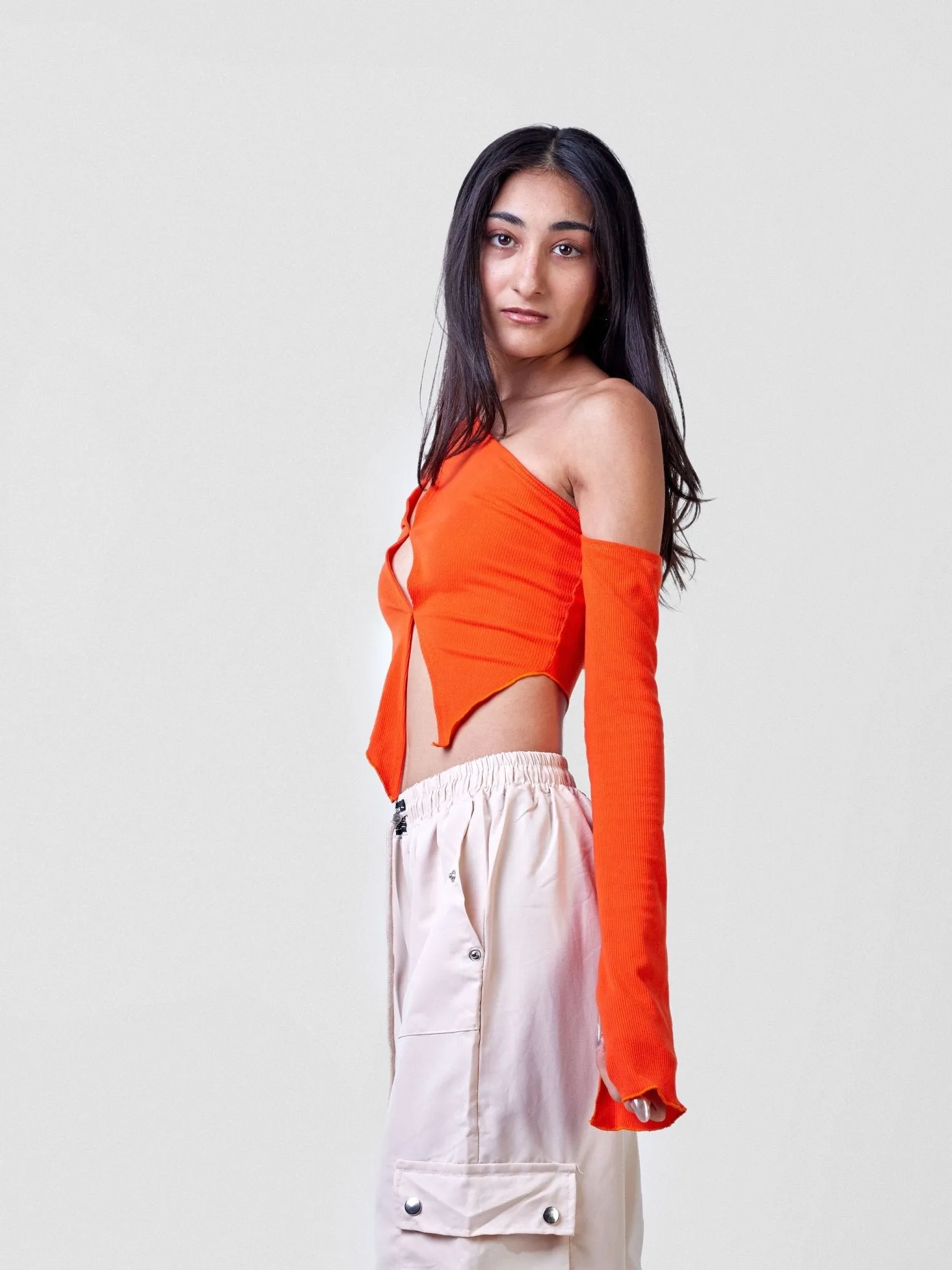 Anika Long Sleeved Asymmetrical Cutout Crop Top - Orange