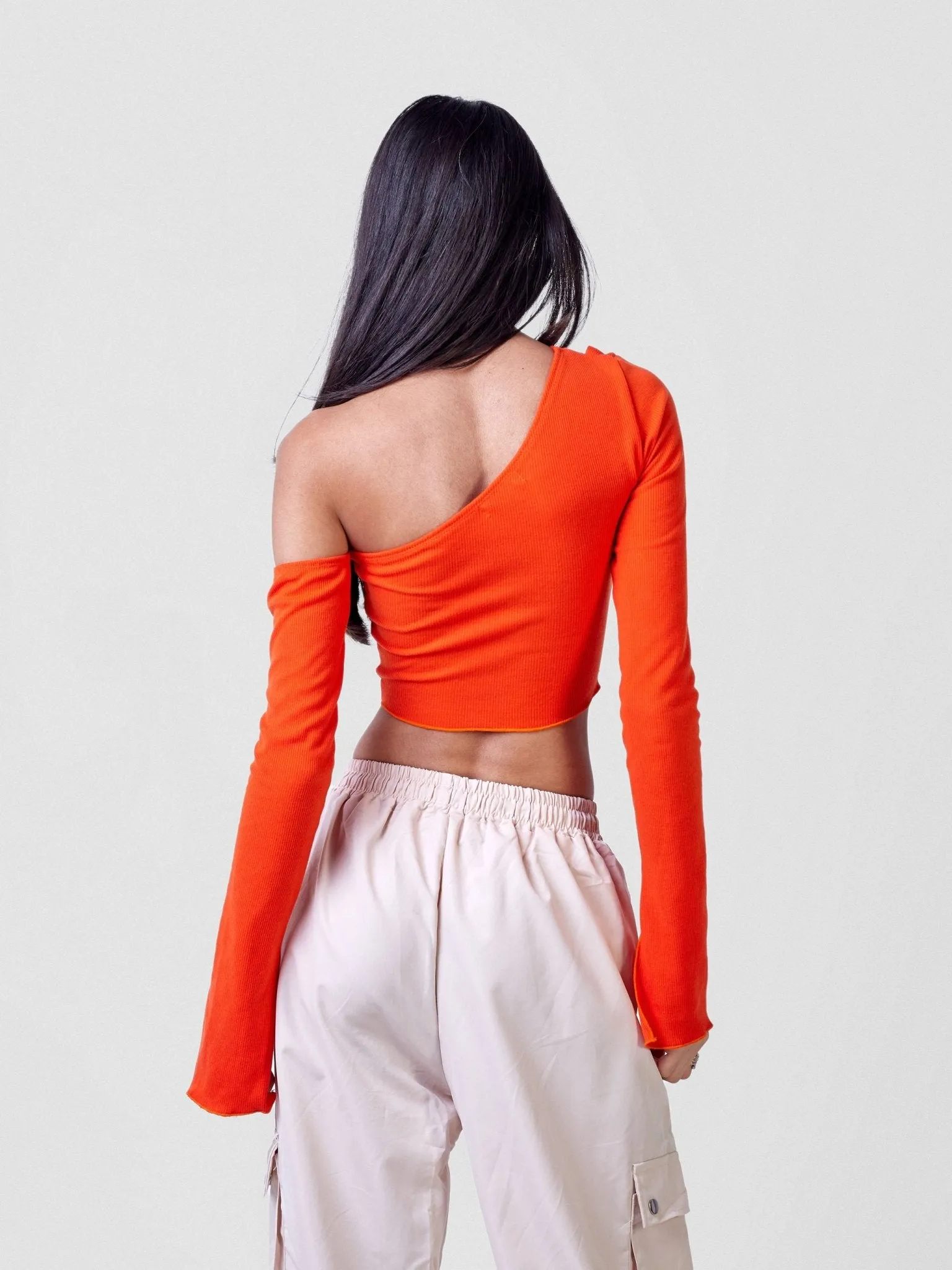 Anika Long Sleeved Asymmetrical Cutout Crop Top - Orange