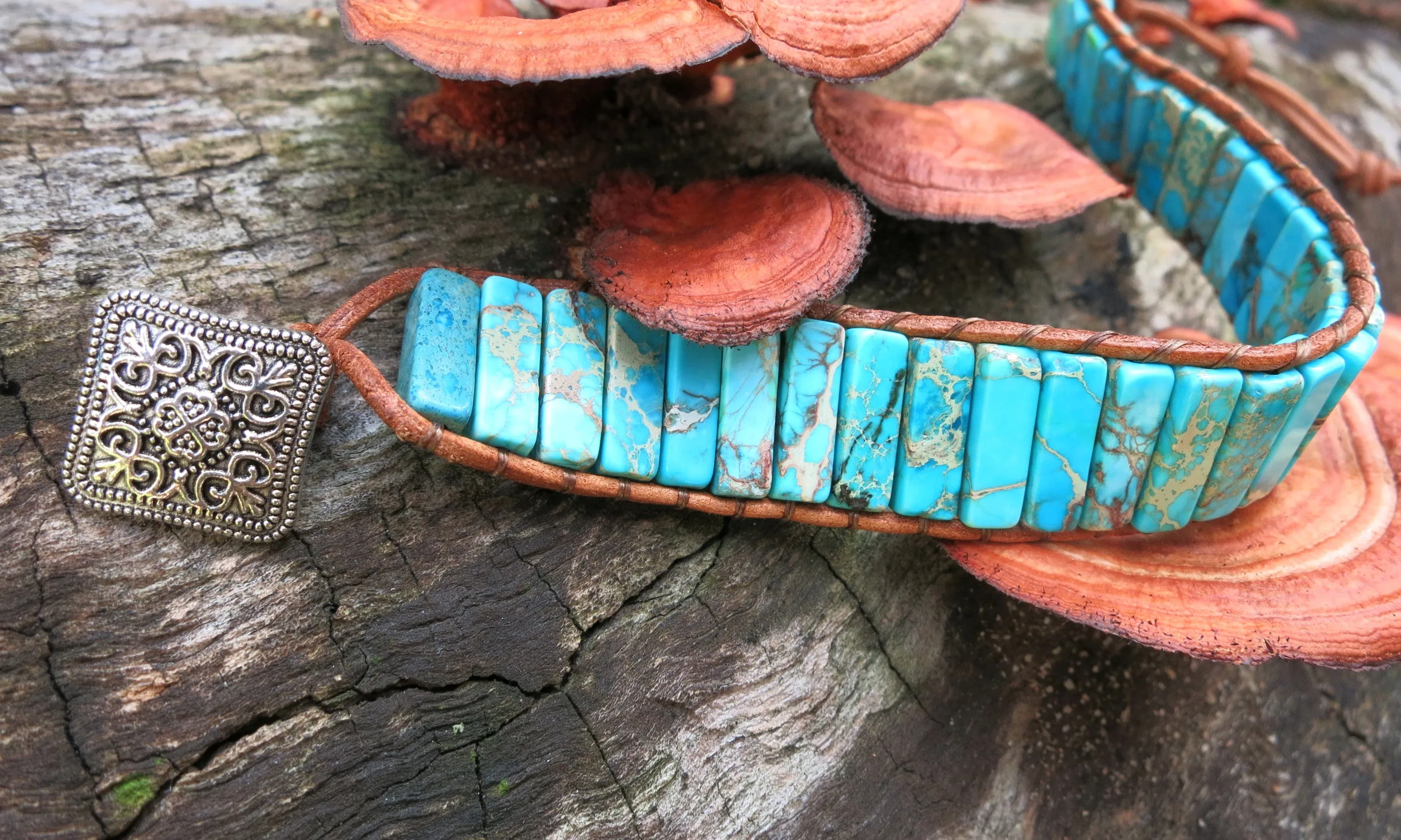 Aqua Turquoise Jasper Tubestone Cuff Beaded Bracelet