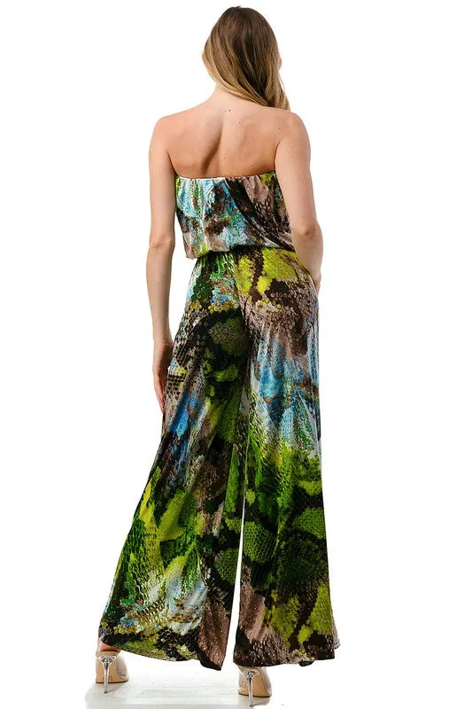 Ariella Printed Strapless Jumpsuit w/ Belt - Green