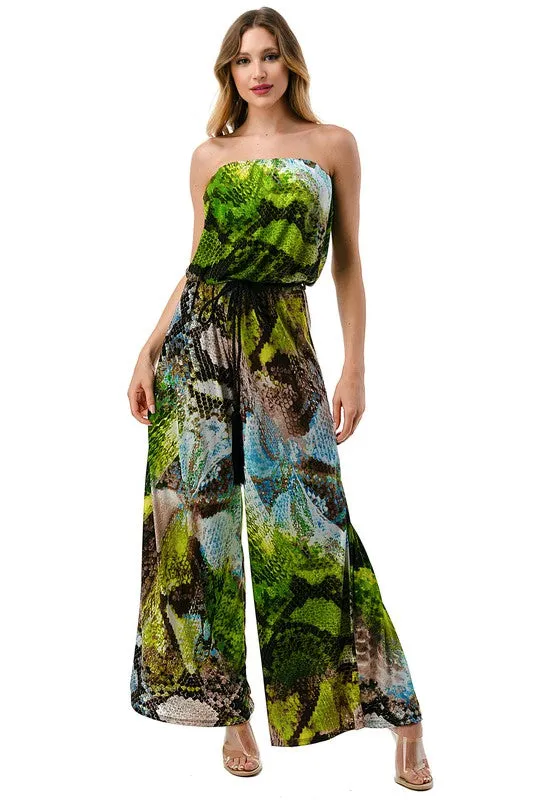 Ariella Printed Strapless Jumpsuit w/ Belt - Green