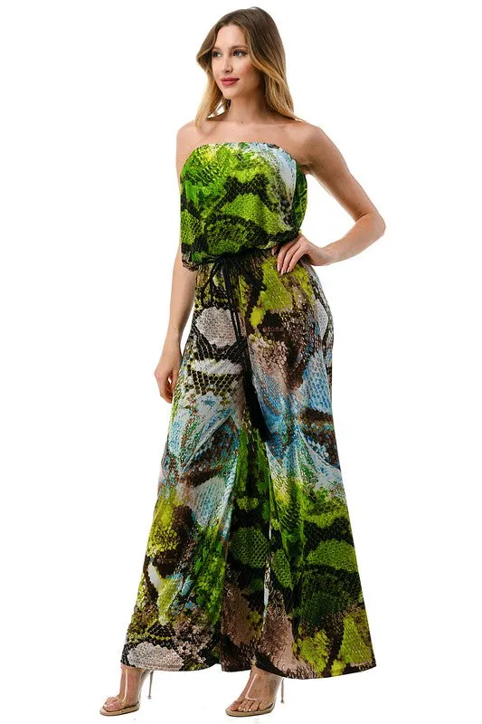 Ariella Printed Strapless Jumpsuit w/ Belt - Green