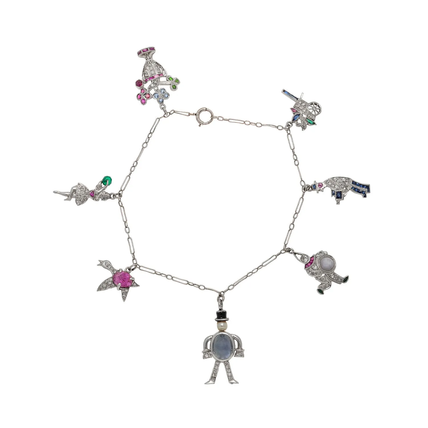 Art Deco Platinum Multi Stone Charm Bracelet