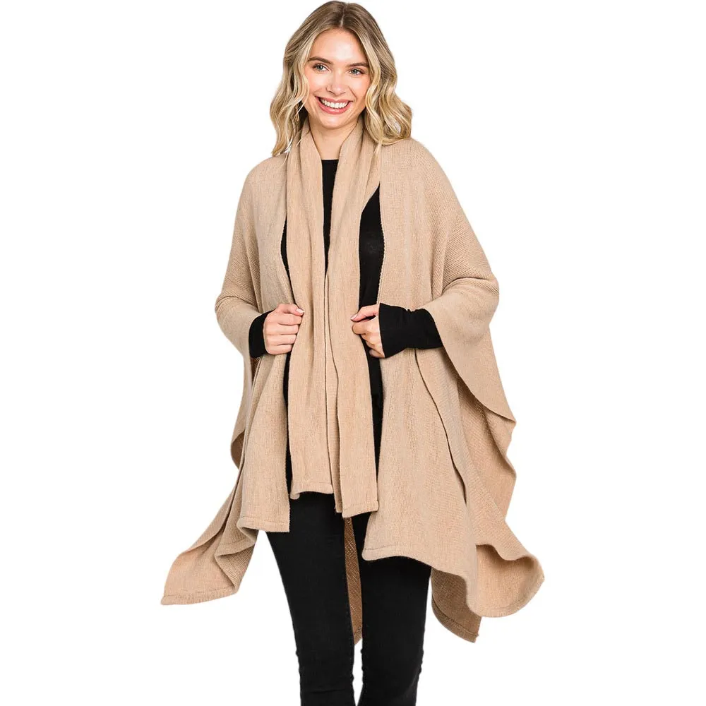 Attached Scarf Solid Cape Poncho With Neckline Tie