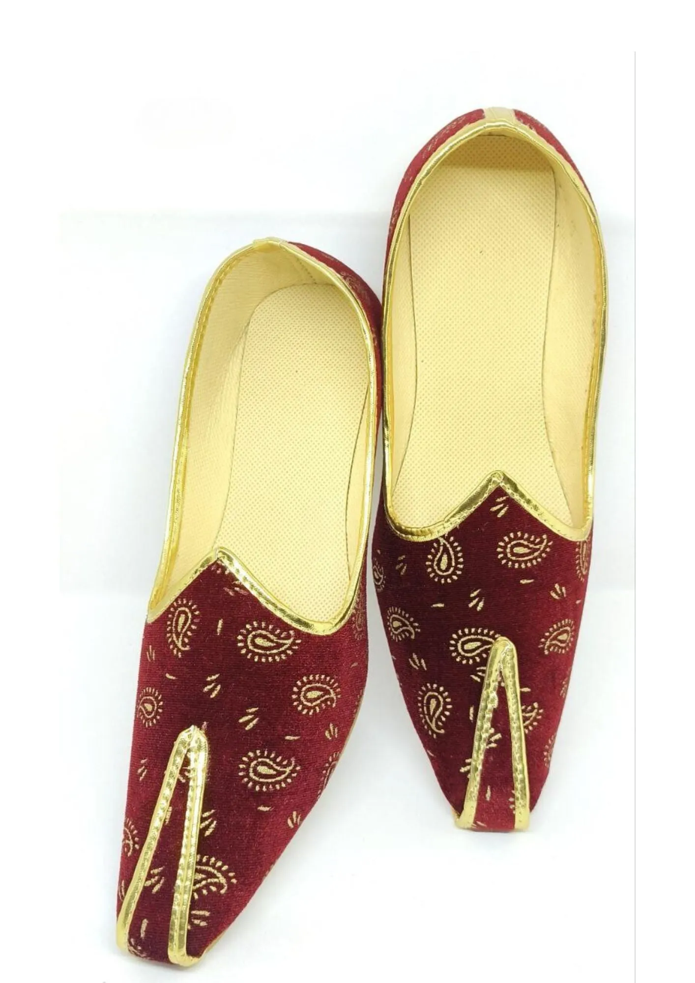 Attractive Maroon Color Golden Velvet Paisley Printed Mojaris For Men