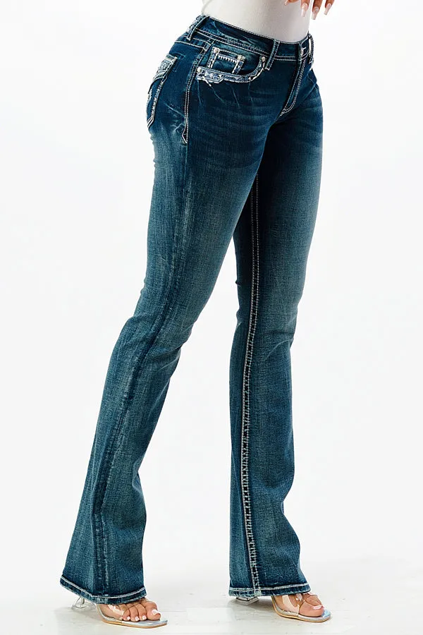 Aztec Faux Flap Embellishment Mid Rise Bootcut Jeans