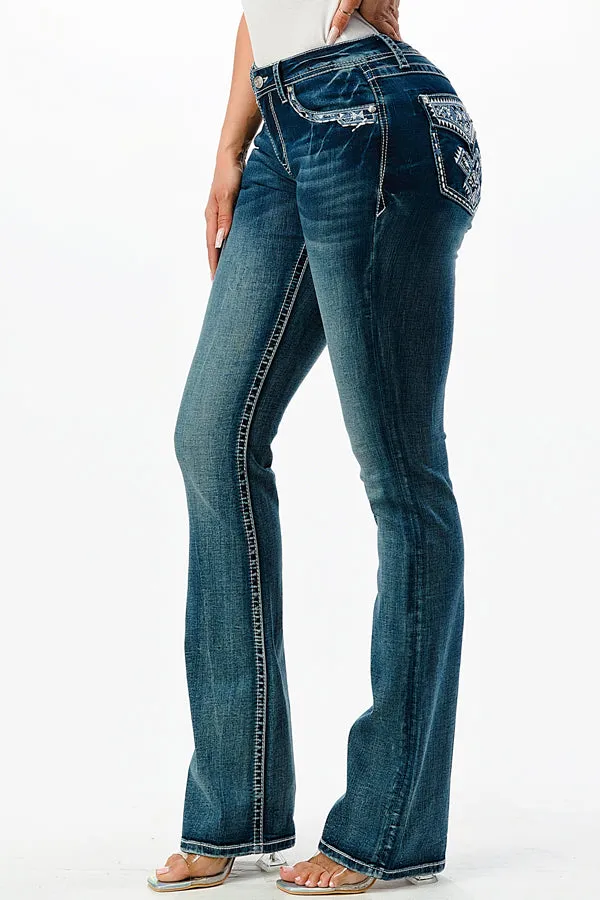 Aztec Faux Flap Embellishment Mid Rise Bootcut Jeans