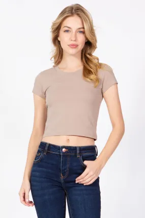 Basic Short Sleeve Round Neck Crop Tee Top 313cr khaki