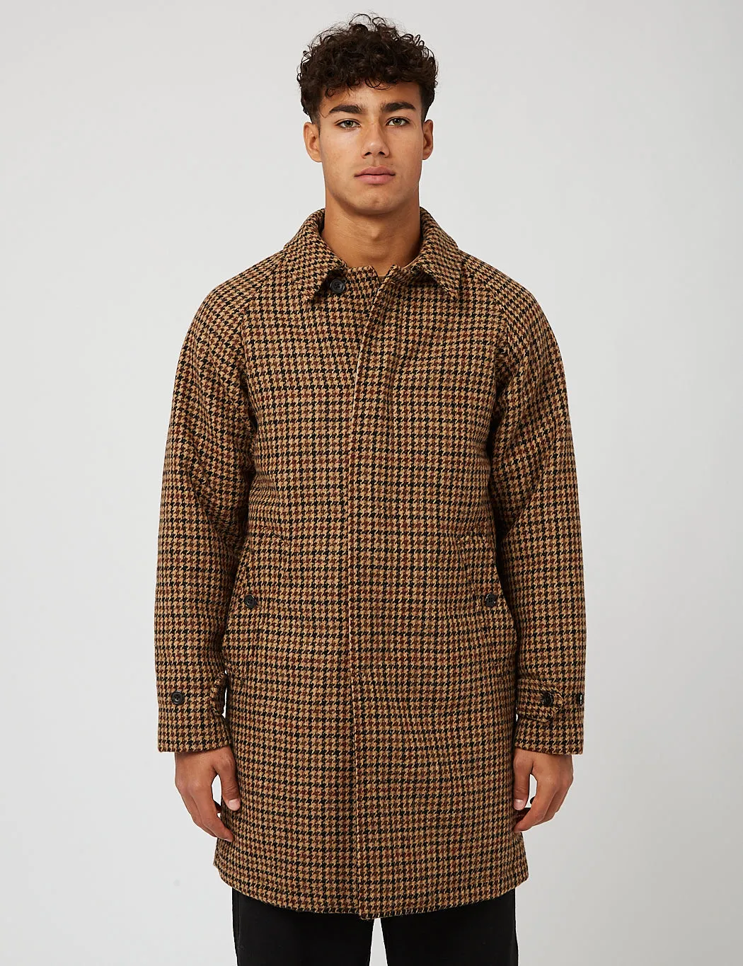 Beams Plus Balmacaan Collar Harris Tweed Coat - Gun Club Check Brown