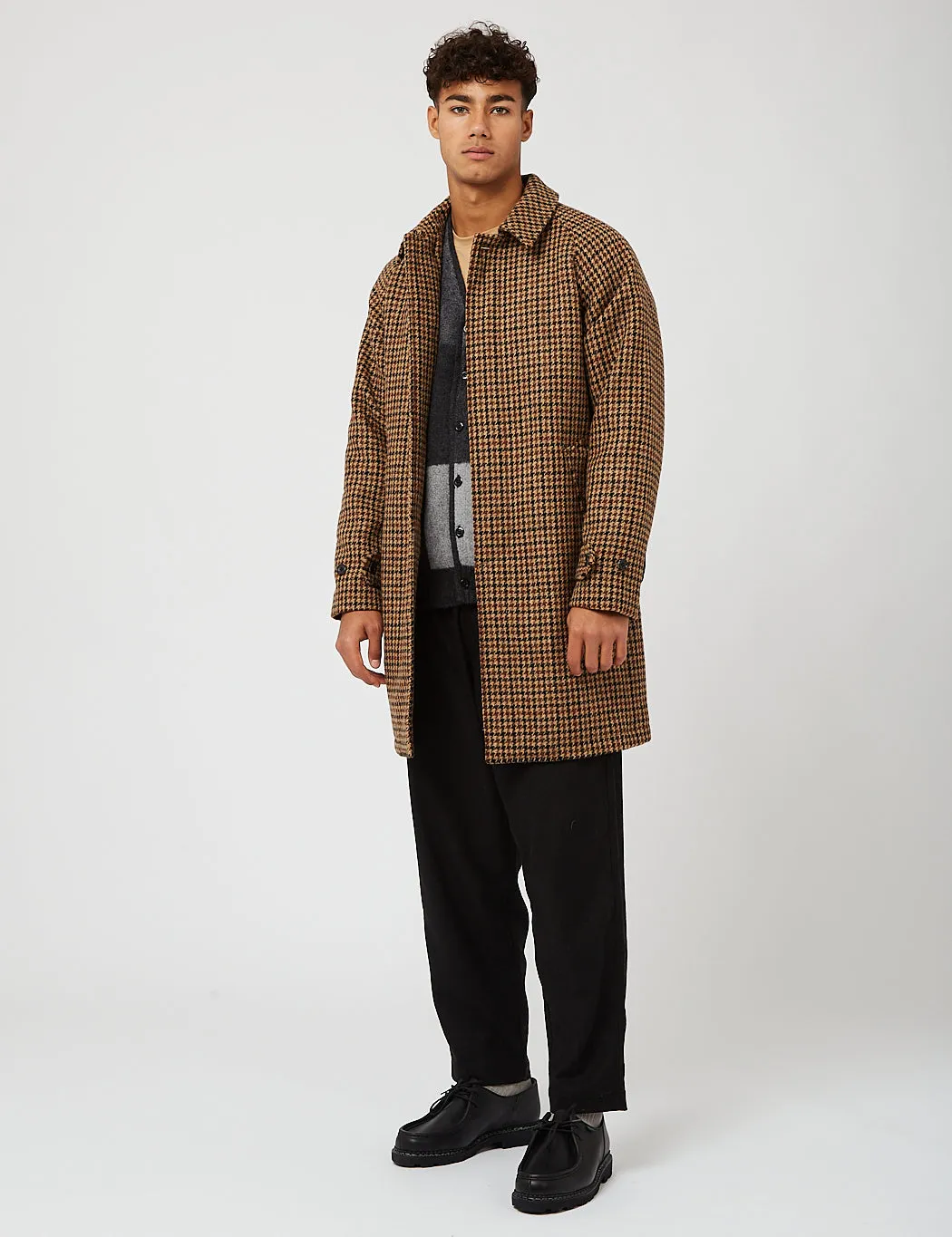 Beams Plus Balmacaan Collar Harris Tweed Coat - Gun Club Check Brown