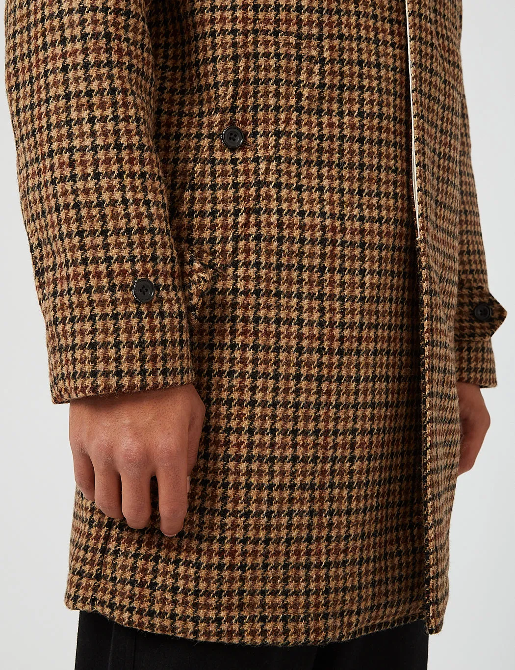 Beams Plus Balmacaan Collar Harris Tweed Coat - Gun Club Check Brown