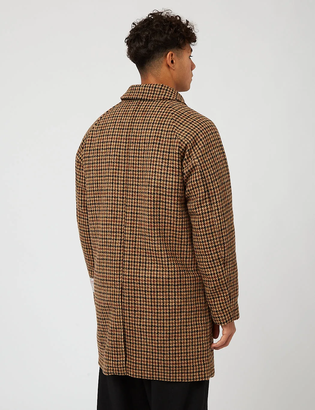 Beams Plus Balmacaan Collar Harris Tweed Coat - Gun Club Check Brown