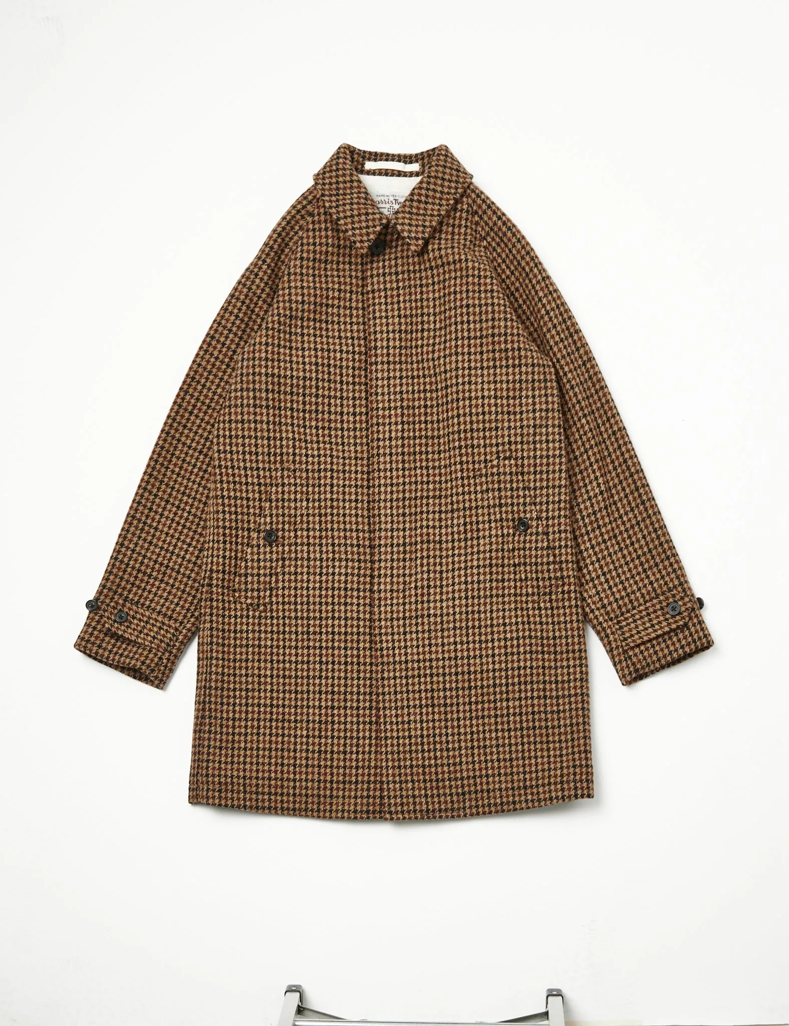 Beams Plus Balmacaan Collar Harris Tweed Coat - Gun Club Check Brown