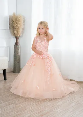 Beautiful Long Ball Gown Tulle Appliques Lace Flower girl dress