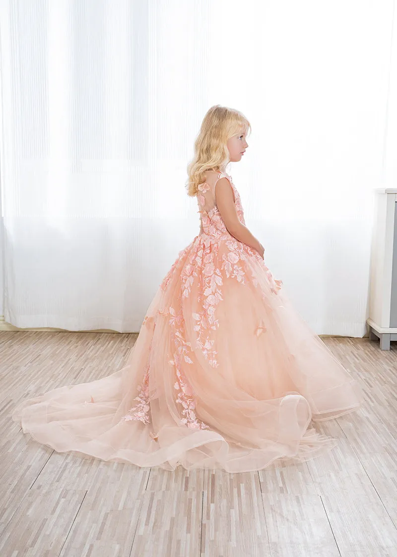 Beautiful Long Ball Gown Tulle Appliques Lace Flower girl dress