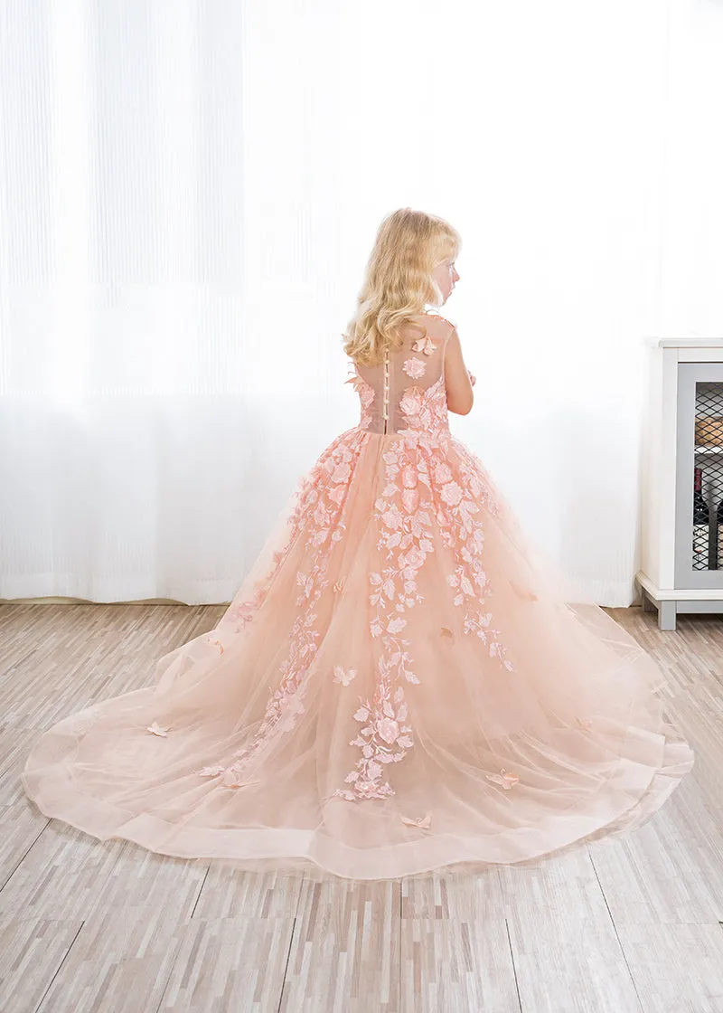 Beautiful Long Ball Gown Tulle Appliques Lace Flower girl dress