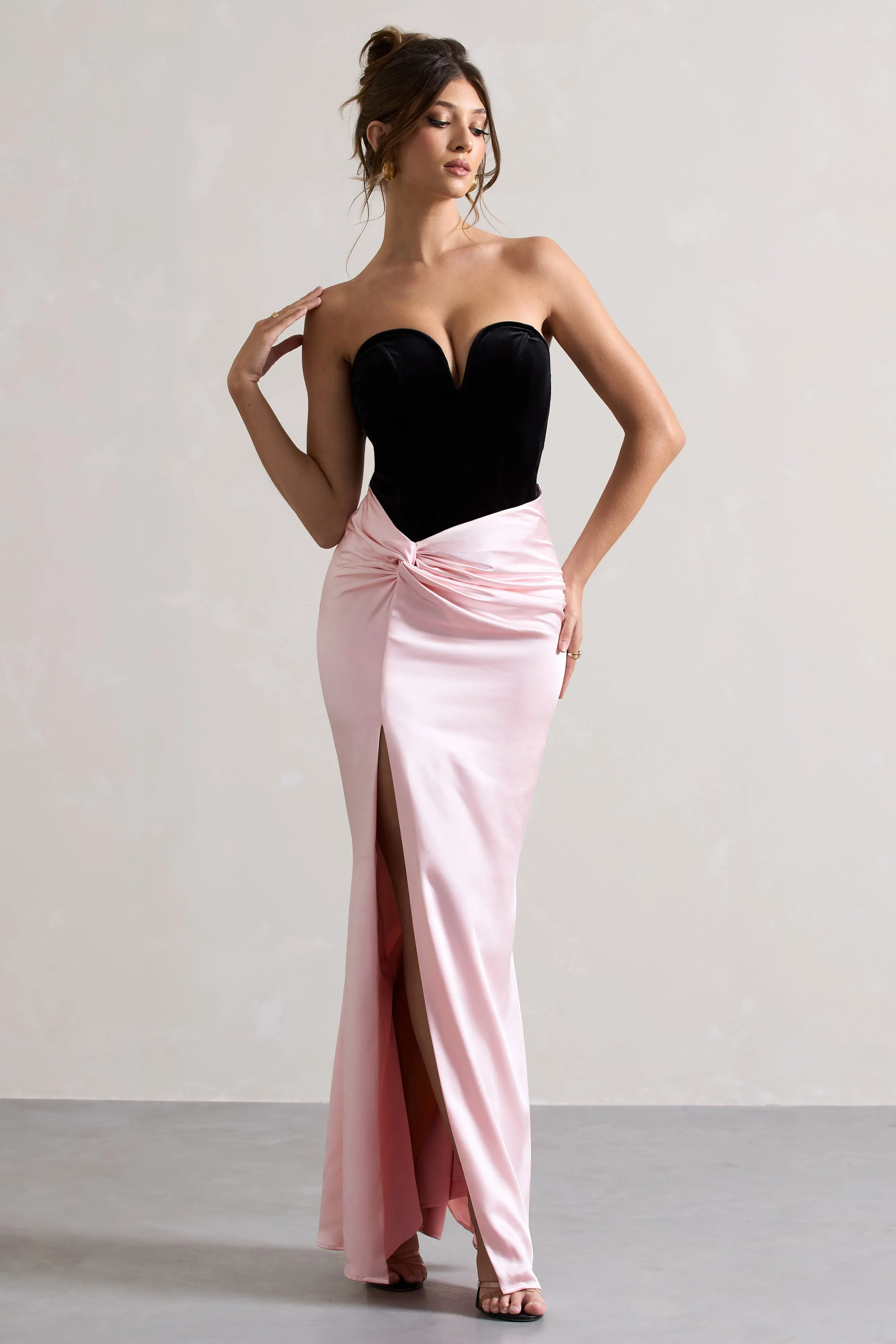 Bethany | Black & Pink Corseted Wrap Maxi Dress