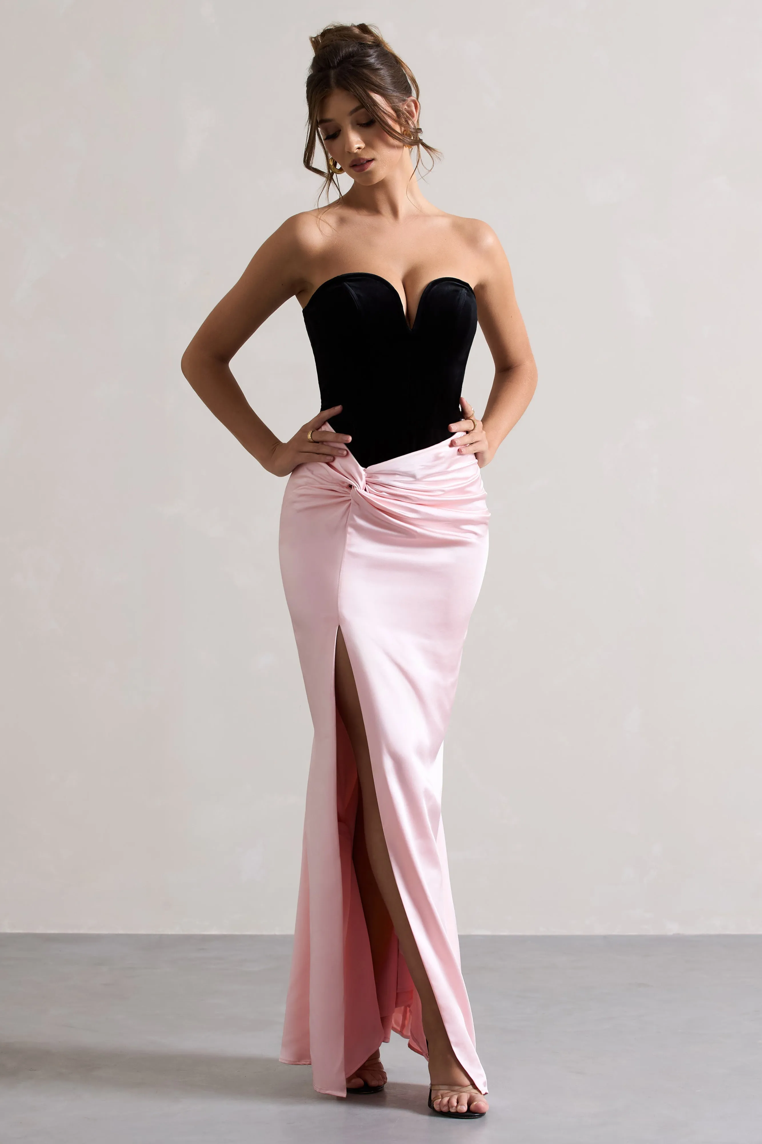 Bethany | Black & Pink Corseted Wrap Maxi Dress