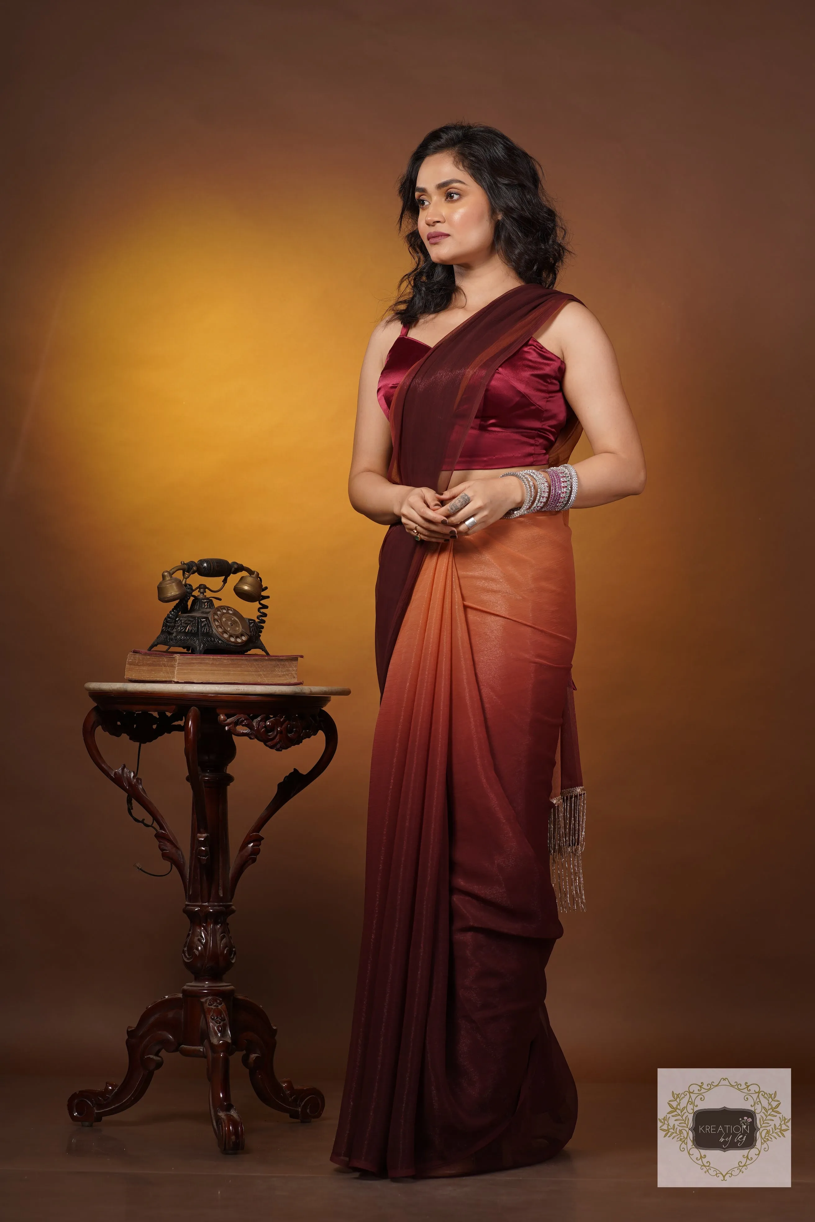 Biscotti Brown Crushed Organza Ombré Saree