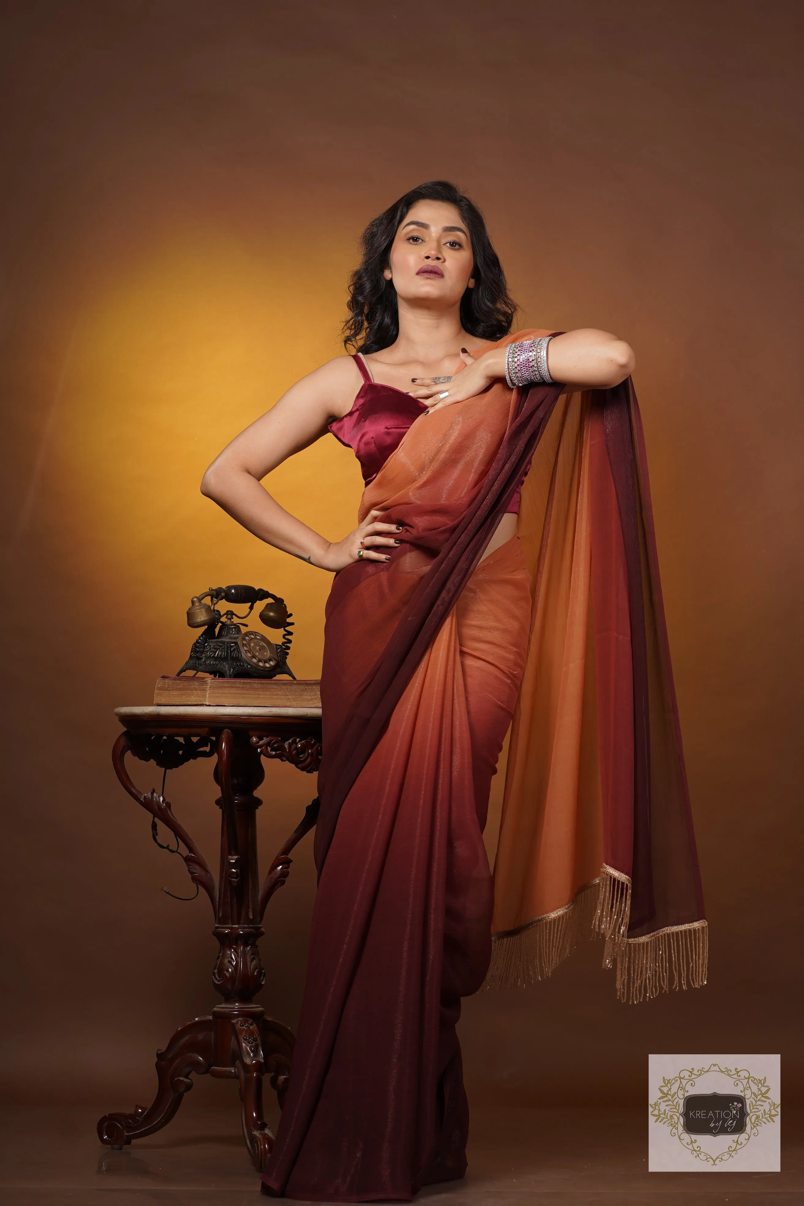 Biscotti Brown Crushed Organza Ombré Saree