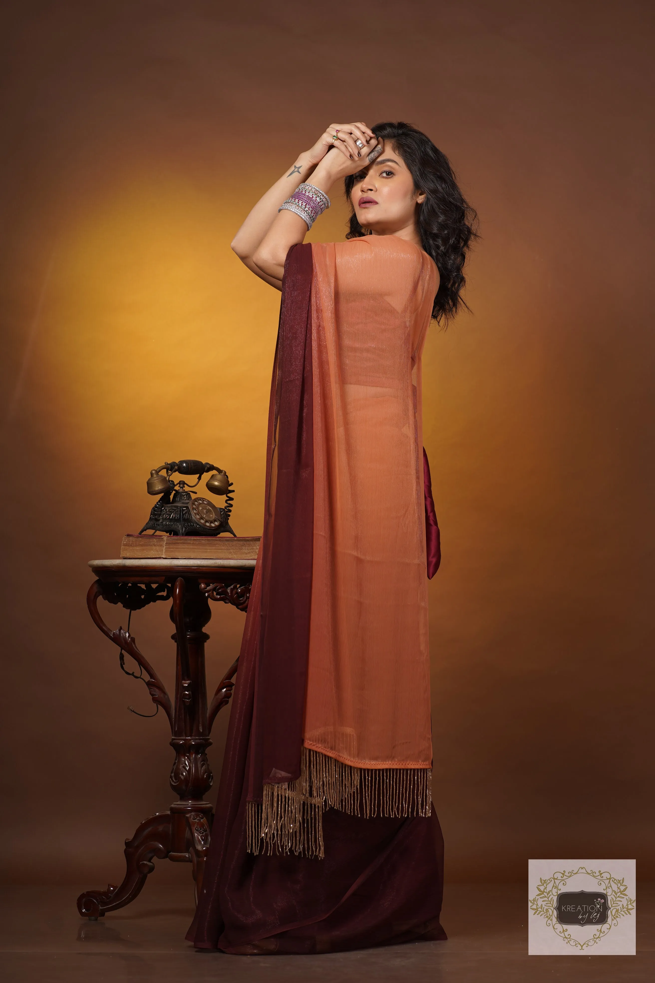 Biscotti Brown Crushed Organza Ombré Saree