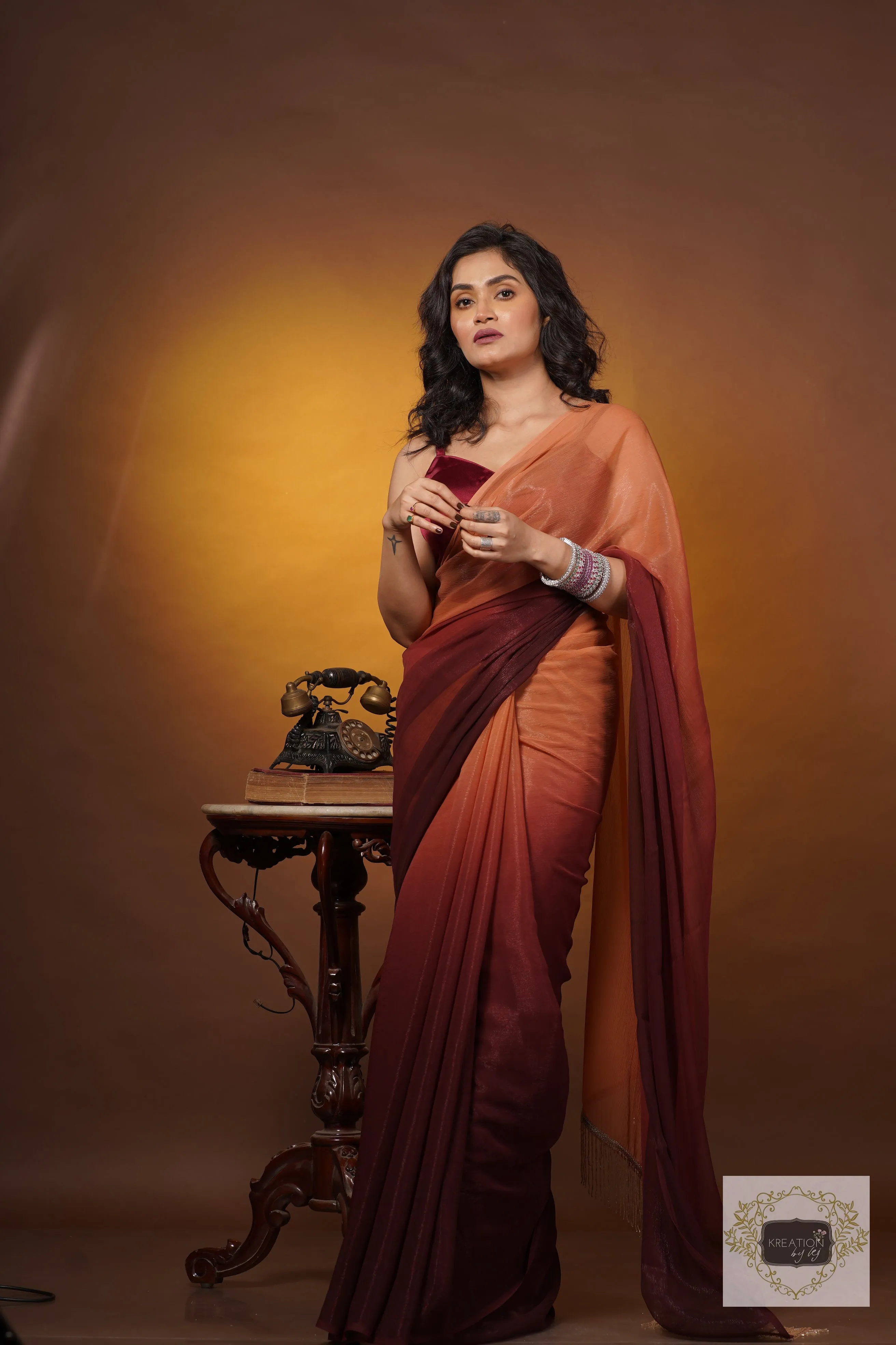 Biscotti Brown Crushed Organza Ombré Saree