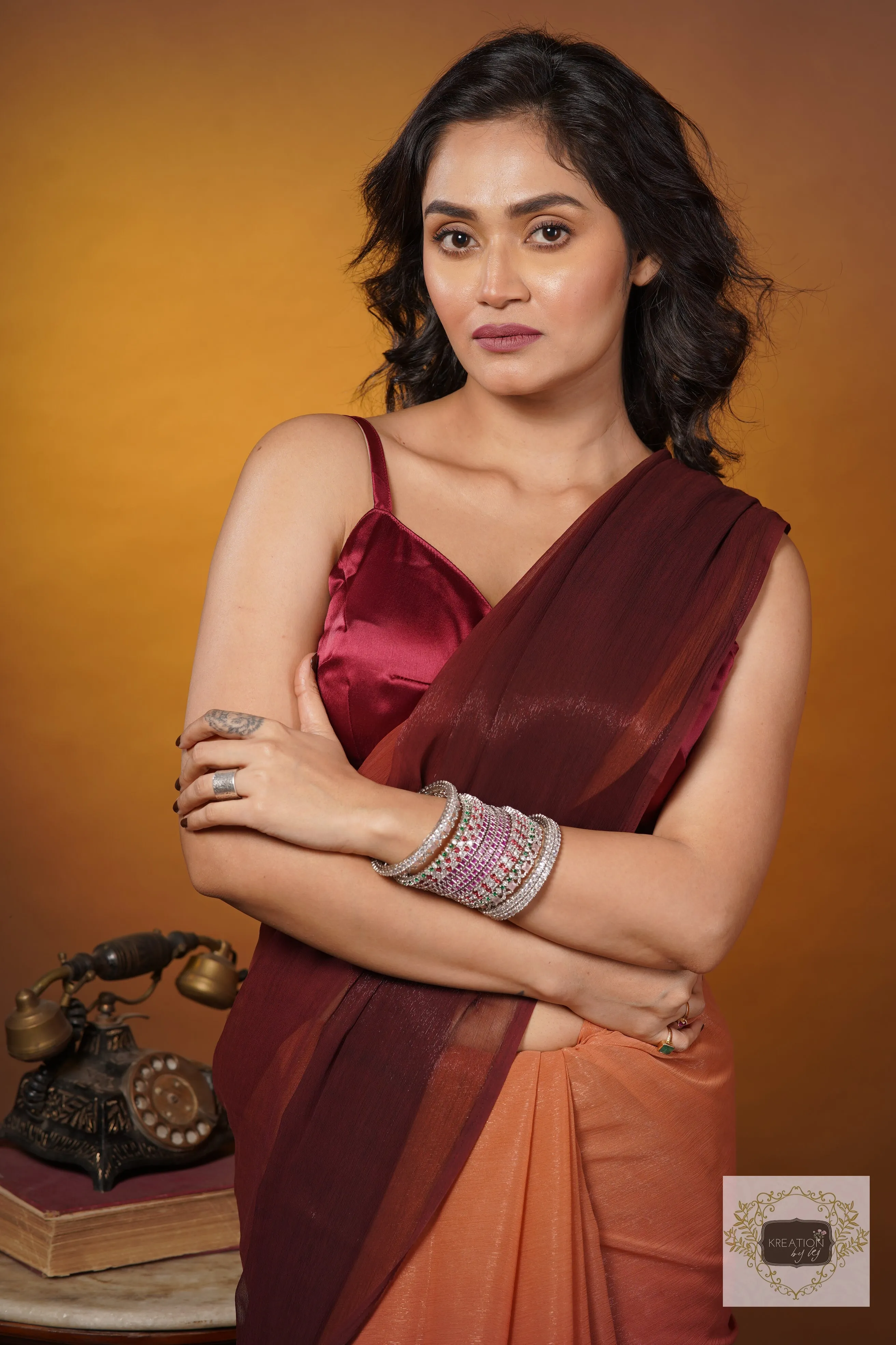 Biscotti Brown Crushed Organza Ombré Saree