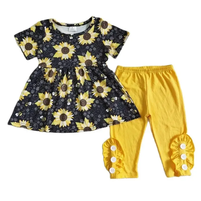 Black & Yellow Sunflower Bee Short Sleeve Shirt Pants