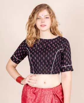 Black And Red Hand Block Printed Crop Top Blouse