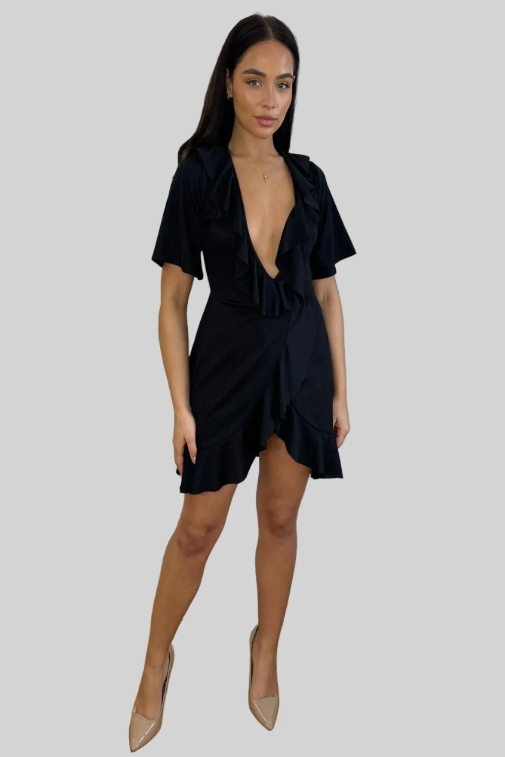 Black Frilled Satin Wrap Dress