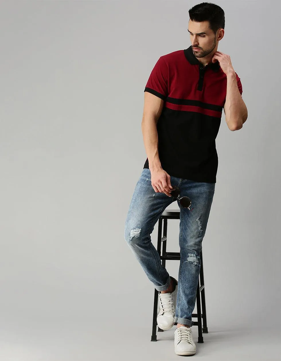 Black Maroon Colorblock Printed Polo Tshirt