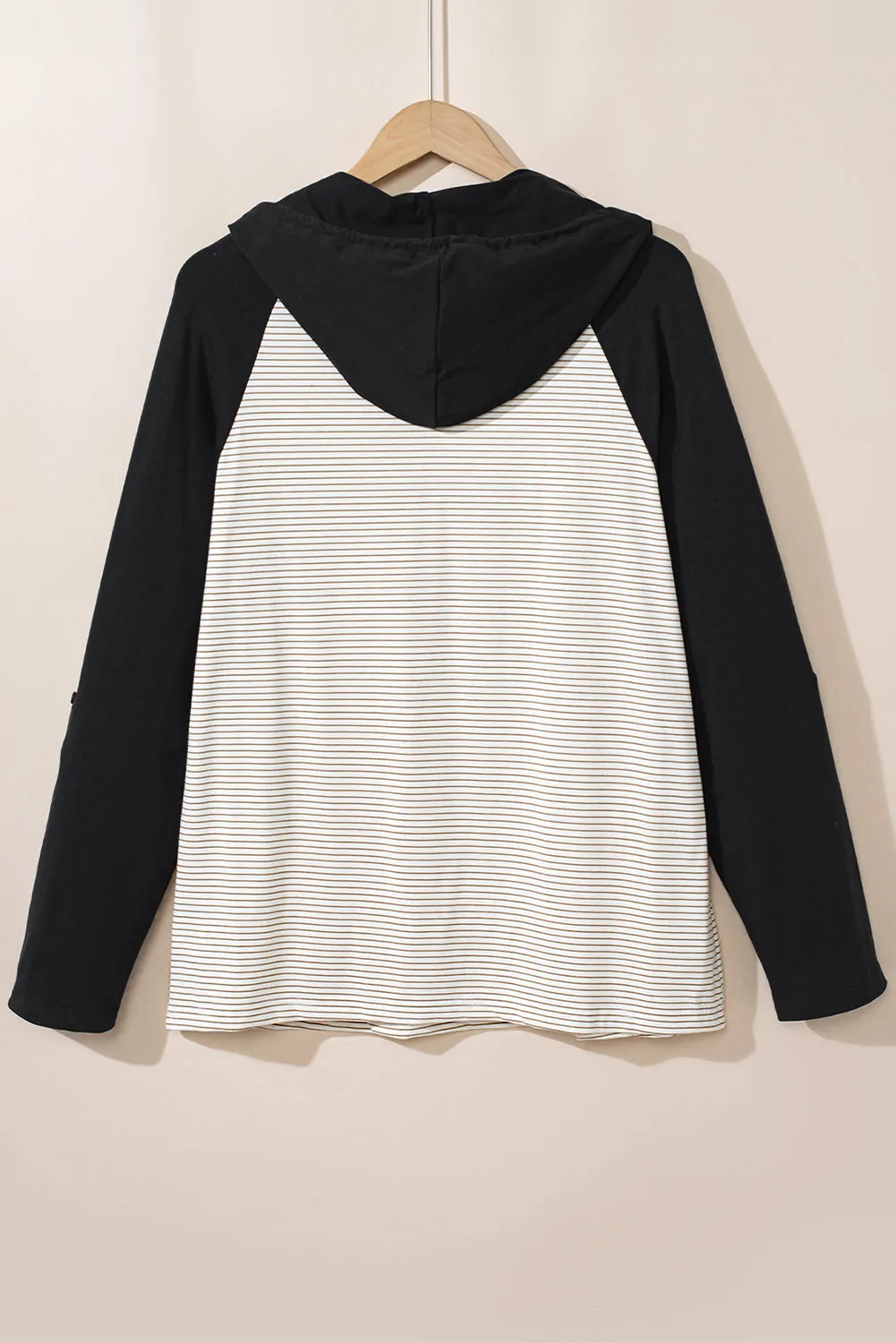 Black Striped Raglan Sleeve Buttoned Pocket Plus Size Hoodie