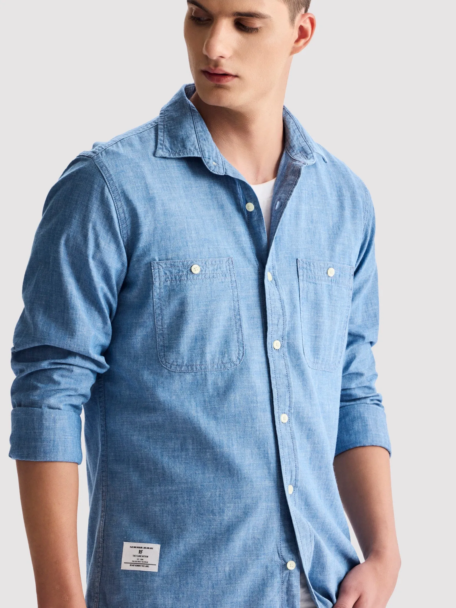 Blue Solid Denim Shirt