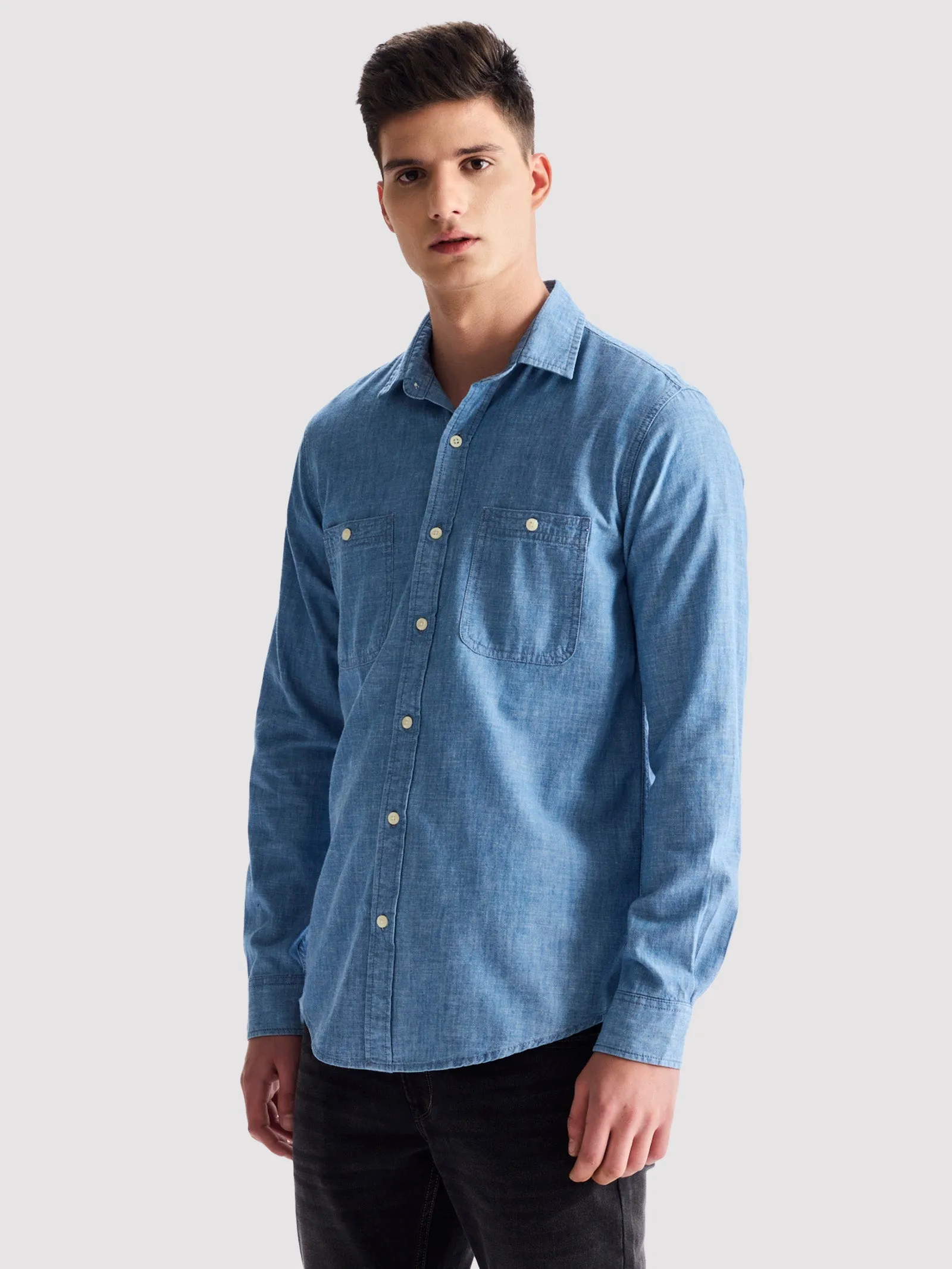 Blue Solid Denim Shirt