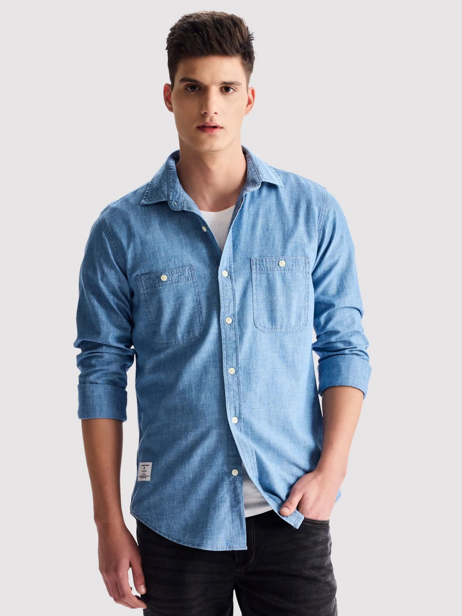 Blue Solid Denim Shirt