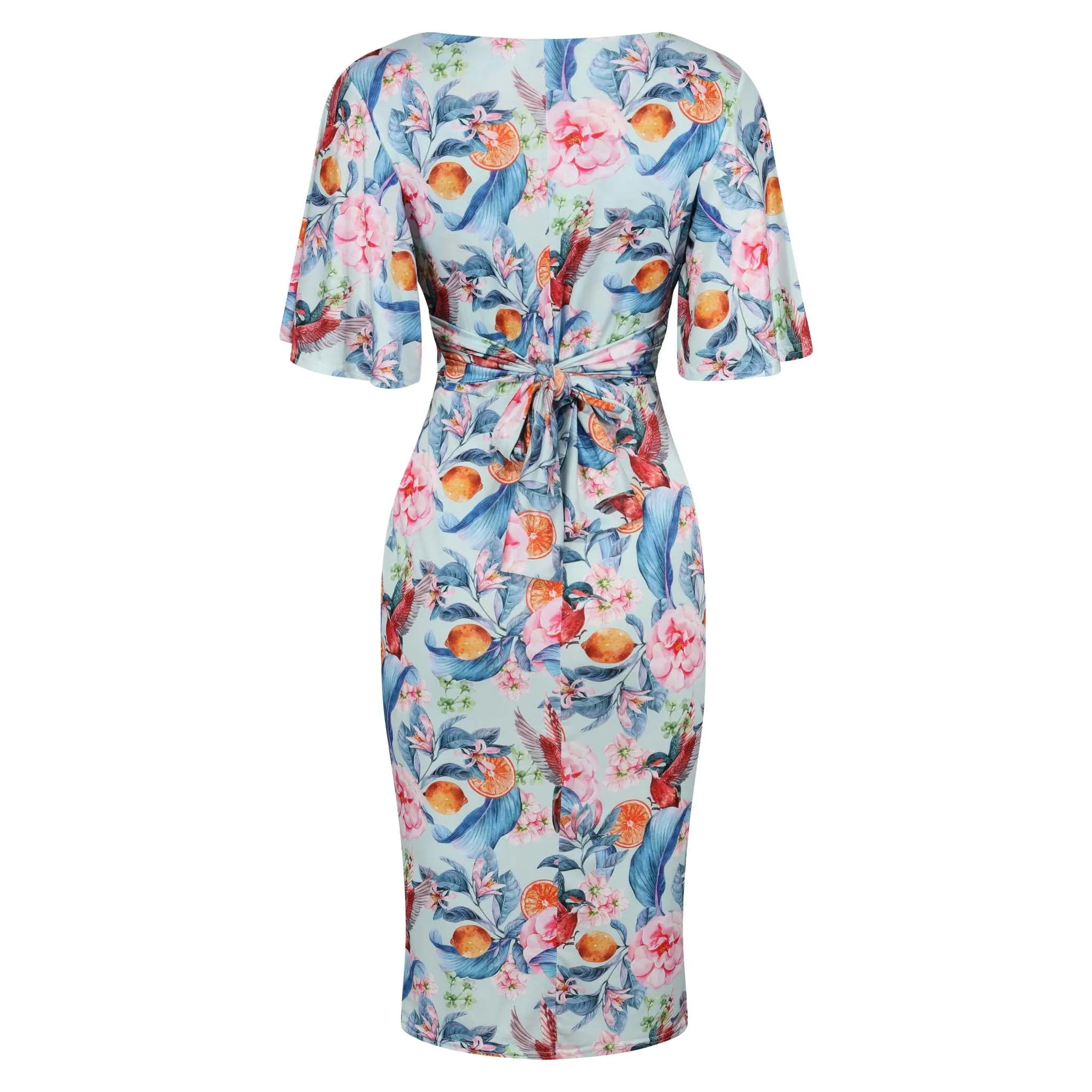 Blue Tropical Floral Fruit Print Waterfall Sleeve Bodycon Pencil Dress