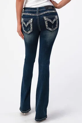 Border Emb Faux Flap  Mid Rise Bootcut Jeans