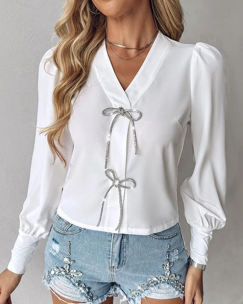 Bowknot Design V Neck Long Sleeve Top