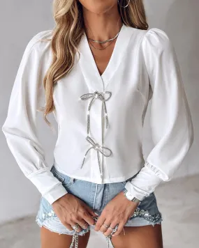 Bowknot Design V Neck Long Sleeve Top