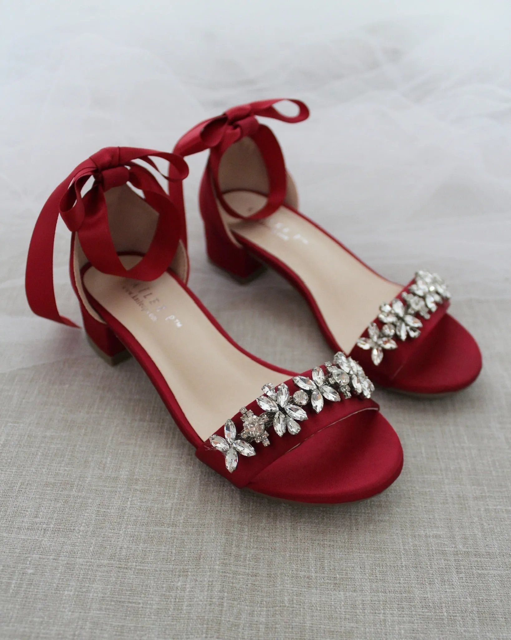 Burgundy Girls Satin Block Heel Sandals with Floral Rhinestones