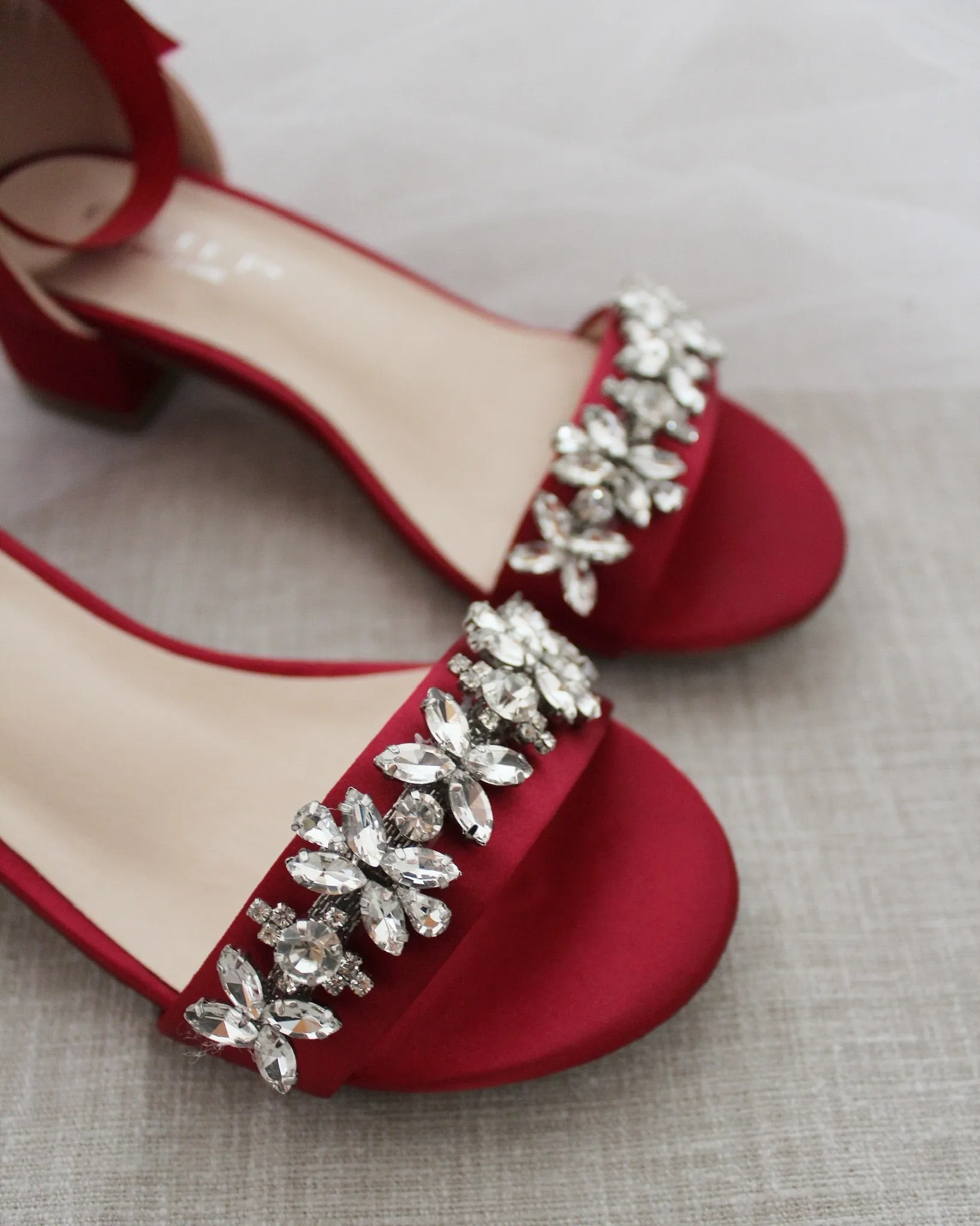 Burgundy Girls Satin Block Heel Sandals with Floral Rhinestones