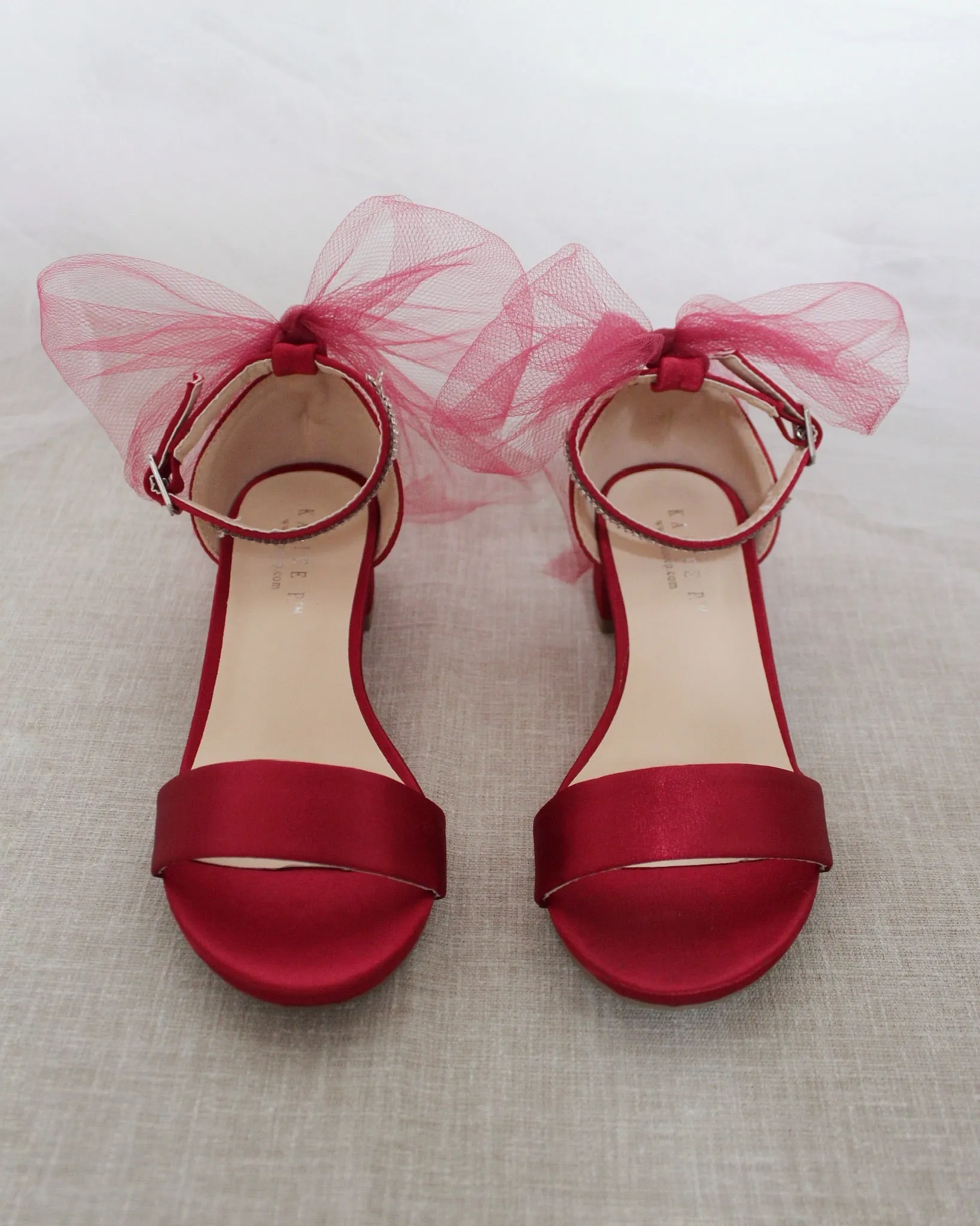 Burgundy Satin Girls Block Heel Sandals with Tulle Back Bow