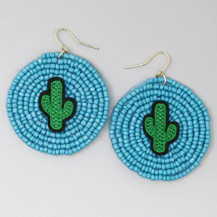 Cactus Embroidery Seed Beaded Disc Drop Earrings