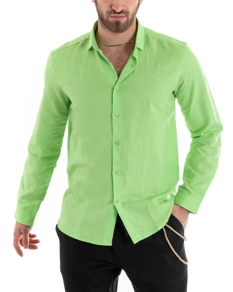 Camicia Uomo Con Colletto Tinta Unita Verde Acido Lino Manica Lunga Casual Sartoriale GIOSAL-C2719A