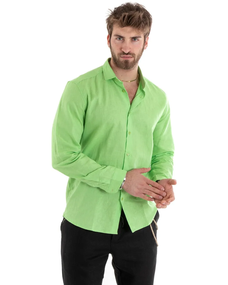 Camicia Uomo Con Colletto Tinta Unita Verde Acido Lino Manica Lunga Casual Sartoriale GIOSAL-C2719A