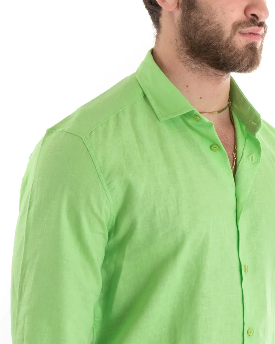 Camicia Uomo Con Colletto Tinta Unita Verde Acido Lino Manica Lunga Casual Sartoriale GIOSAL-C2719A