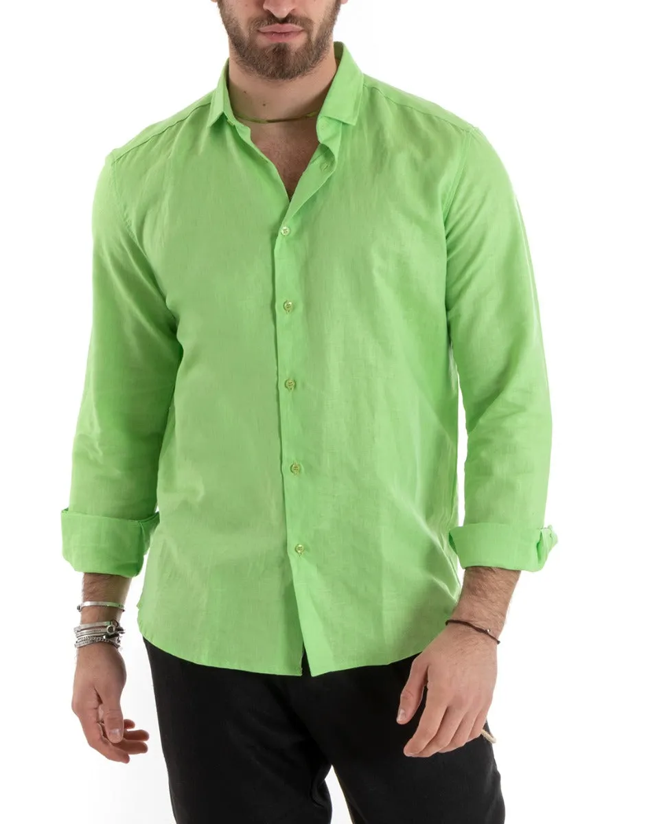 Camicia Uomo Con Colletto Tinta Unita Verde Acido Lino Manica Lunga Casual Sartoriale GIOSAL-C2719A