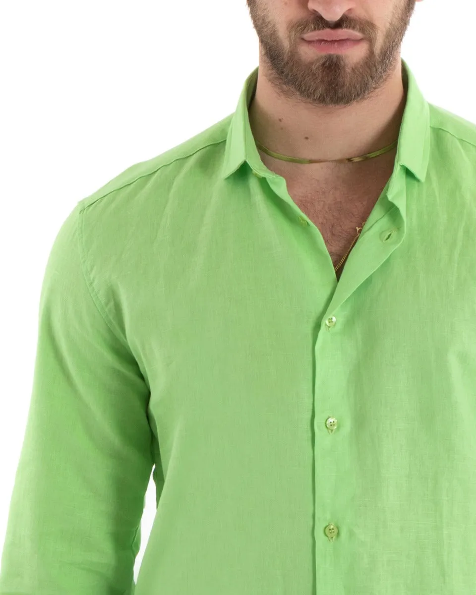 Camicia Uomo Con Colletto Tinta Unita Verde Acido Lino Manica Lunga Casual Sartoriale GIOSAL-C2719A