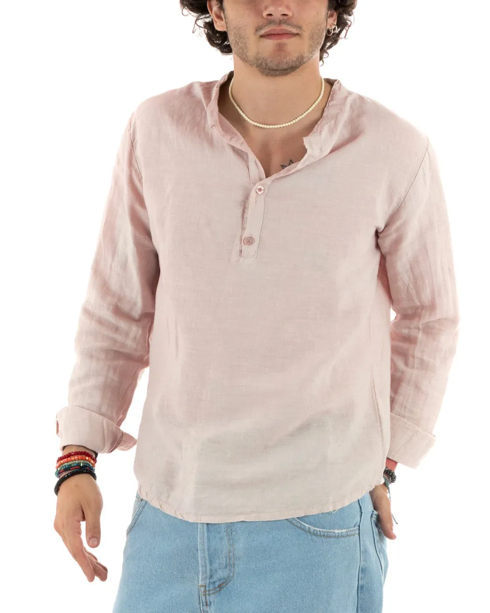 Camicia Uomo Lino Collo Serafino Mezzo Bottone Tinta Unita Casacca Rosa GIOSAL-C2802A