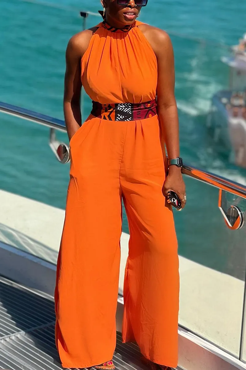 Casual Bohemian Simplicity Print With Belt Solid Color Contrast Straight Jumpsuits